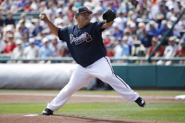LAKE BUENA VISTA, FL - FEBRUARY 25: Bartolo Colon #40 of the Atlanta Braves pitches during a spring training game against the Toronto Blue Jays at Champion Stadium on February 25, 2017 in Lake Buena Vista, Florida. The Braves defeated the Blue Jays 7-4. (Photo by Joe Robbins/Getty Images)