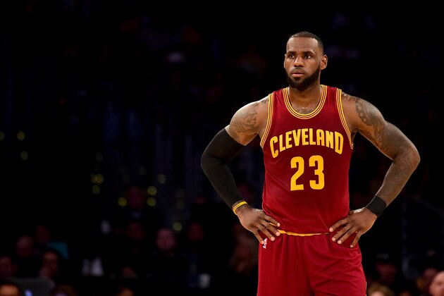 LOS ANGELES, CA - MARCH 19:  LeBron James #23 of the Cleveland Cavaliers waits during a 125-120 win over the Los Angeles Lakers at Staples Center on March 19, 2017 in Los Angeles, California.  NOTE TO USER: User expressly acknowledges and agrees that, by downloading and or using this photograph, User is consenting to the terms and conditions of the Getty Images License Agreement.  (Photo by Harry How/Getty Images)
