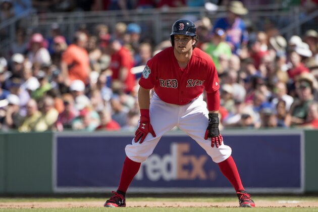 FORT MYERS, FL - FEBRUARY 24:  Andrew Benintendi #16 of the Boston Red Sox leads off from first base during a spring training game against the New York Mets on February 24, 2017 at jetBlue Park in Fort Myers, Florida. (Photo by Michael Ivins/Boston Red Sox/Getty Images)