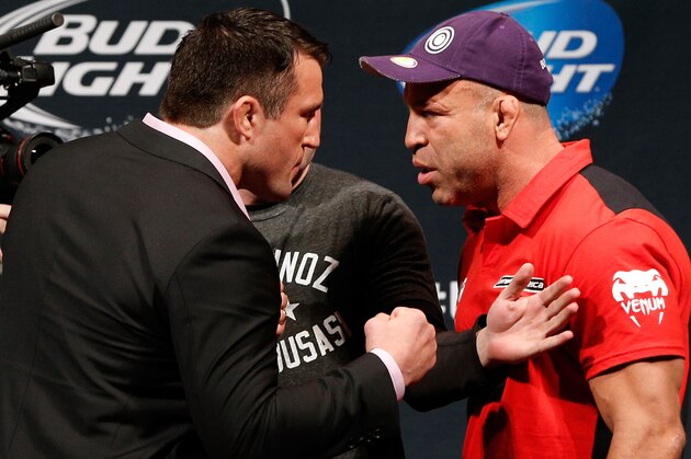 LAS VEGAS, NV - MAY 23:  (L-R) Opponents Chael Sonnen and Wanderlei Silva face off during the UFC press conference at the MGM Grand Garden Arena on May 23, 2014 in Las Vegas, Nevada.  (Photo by Josh Hedges/Zuffa LLC/Zuffa LLC via Getty Images)