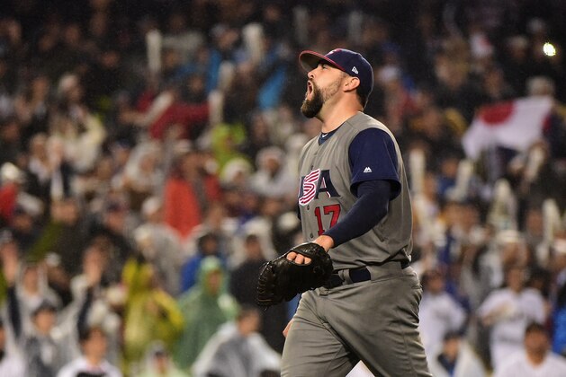 LOS ANGELES, CA - MARCH 21:  Pat Neshek #17 of team United States reacts to third out in the eighth inning against team Japan during Game 2 of the Championship Round of the 2017 World Baseball Classic at Dodger Stadium on March 21, 2017 in Los Angeles, California.  (Photo by Harry How/Getty Images)