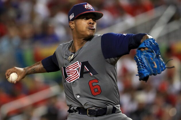 MIAMI, FL - MARCH 11:  Marcus Stroman #6 of the United States pitches during a Pool C game of the 2017 World Baseball Classic against the Dominican Republic at Miami Marlins Stadium on March 11, 2017 in Miami, Florida.  (Photo by Mike Ehrmann/Getty Images)