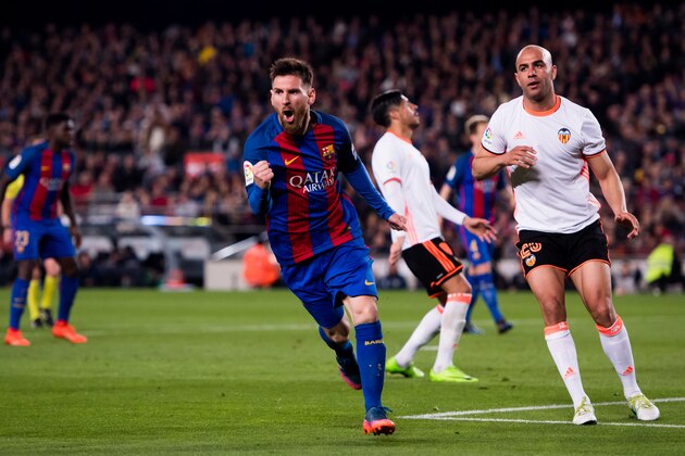 BARCELONA, SPAIN - MARCH 19:  Lionel Messi of FC Barcelona celebrates after scoring his team's third goal during the La Liga match between FC Barcelona and Valencia CF at Camp Nou stadium on March 19, 2017 in Barcelona, Spain.  (Photo by Alex Caparros/Getty Images)