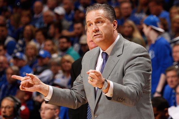 NASHVILLE, TN - MARCH 12:  Head coach John Calipari of the Kentucky Wildcats coaches during the second half of the SEC Tournament Champion Game against the Arkansas Razorbacks at Bridgestone Arena on March 12, 2017 in Nashville, Tennessee.  (Photo by Frederick Breedon/Getty Images)