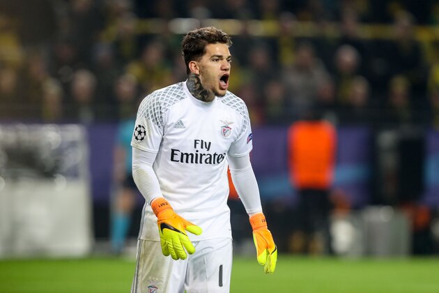 DORTMUND, GERMANY - MARCH 08: Goalkeeper Ederson of Benfica gestures during the UEFA Champions League Round of 16: Second Leg match between Borussia Dortmund and SL Benfica at Signal Iduna Park on March 08, 2017 in Dortmund, Germany. (Photo by TF-Images/Getty Images)