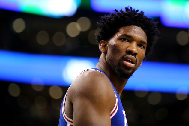 BOSTON, MA - JANUARY 6: Joel Embiid #21 of the Philadelphia 76ers looks on during the second half against the Boston Celtics at TD Garden on January 6, 2017 in Boston, Massachusetts. The Celtics defeat the 76ers 110-106. NOTE TO USER: User expressly acknowledges and agrees that , by downloading and or using this photograph, User is consenting to the terms and conditions of the Getty Images License Agreement. (Photo by Maddie Meyer/Getty Images)