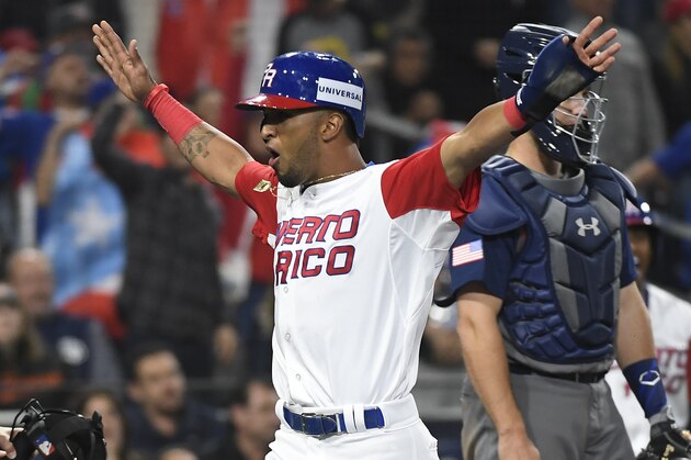 SAN DIEGO, CA - MARCH 17: Eddie Rosario #17 of Team Puerto Rico celebrates as he crosses the plate to score in the bottom of the sixth inning Game 4 of Pool F of the 2017 World Baseball Classic against Team USA on Friday, March 17, 2017 at Petco Park in San Diego, California. (Photo by Andy Hayt/San Diego Padres/Getty Images)
