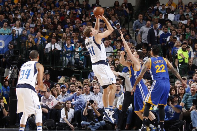 DALLAS, TX - MARCH 21: Dirk Nowitzki #41 of the Dallas Mavericks shoots the ball against the Golden State Warriors during the game on March 21, 2017 at the American Airlines Center in Dallas, Texas. NOTE TO USER: User expressly acknowledges and agrees that, by downloading and or using this photograph, User is consenting to the terms and conditions of the Getty Images License Agreement. Mandatory Copyright Notice: Copyright 2017 NBAE (Photo by Danny Bollinger/NBAE via Getty Images)