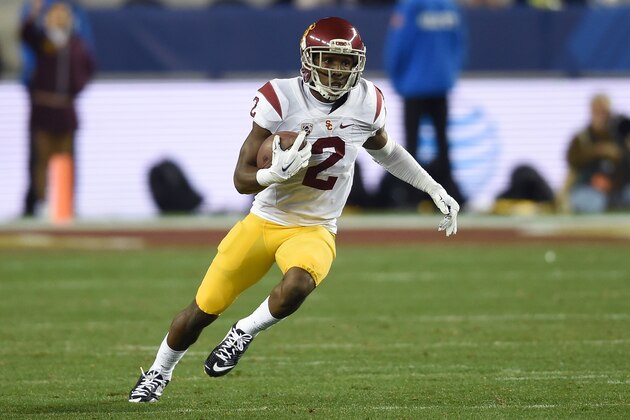 SANTA CLARA, CA - DECEMBER 05:  Adoree' Jackson #2 of the USC Trojans runs with the ball after catching a pass against the Stanford Cardinal during the the NCAA Pac-12 Championship game at Levi's Stadium on December 5, 2015 in Santa Clara, California.  (Photo by Thearon W. Henderson/Getty Images)