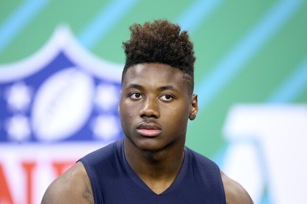 Ohio State wide receiver Curtis Samuel is seen after a drill at the 2017 NFL football scouting combine Saturday, March 4, 2017, in Indianapolis. (AP Photo/Gregory Payan)