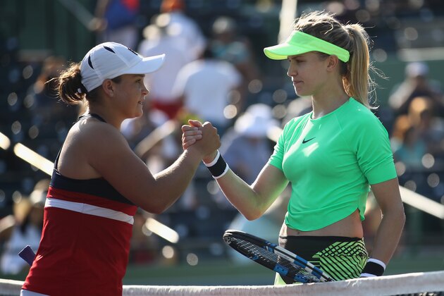 KEY BISCAYNE, FL - MARCH 22:  Eugenie Bouchard of Canada congratulates Ashleigh Barty of Australia after she won in three sets at Crandon Park Tennis Center on March 22, 2017 in Key Biscayne, Florida.  (Photo by Julian Finney/Getty Images)