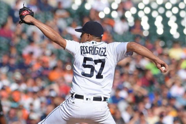 DETROIT, MI - SEPTEMBER 24: Francisco Rodriguez #57 of the Detroit Tigers pitches during the game against the Kansas City Royals at Comerica Park on September 24, 2016 in Detroit, Michigan. The Royals defeated the Tigers 7-4. (Photo by Mark Cunningham/MLB Photos via Getty Images) DETROIT, MI - SEPTEMBER 24: Francisco Rodriguez #57 of the Detroit Tigers pitches during the game against the Kansas City Royals at Comerica Park on September 24, 2016 in Detroit, Michigan. The Royals defeated the Tigers 7-4. (Photo by Mark Cunningham/MLB Photos via Getty Images)