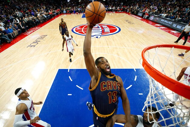 AUBURN HILLS, MI - MARCH 09: Tristan Thompson #13 of the Cleveland Cavaliers gets in second half dunk next to Andre Drummond #0 of the Detroit Pistons at the Palace of Auburn Hills on March 9, 2017 in Auburn Hills, Michigan. Detroit won the game 106-101. NOTE TO USER: User expressly acknowledges and agrees that, by downloading and or using this photograph, User is consenting to the terms and conditions of the Getty Images License Agreement.  (Photo by Gregory Shamus/Getty Images)