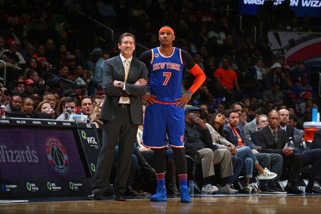 WASHINGTON, DC -  JANUARY 31: Jeff Hornacek of the New York Knicks talks with Carmelo Anthony #7 of the New York Knicks during the game against the Washington Wizards on January 31, 2017 at Verizon Center in Washington, DC. NOTE TO USER: User expressly acknowledges and agrees that, by downloading and or using this Photograph, user is consenting to the terms and conditions of the Getty Images License Agreement. Mandatory Copyright Notice: Copyright 2017 NBAE (Photo by Ned Dishman/NBAE via Getty Images)