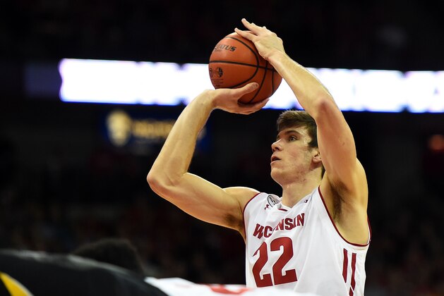 MADISON, WI - MARCH 02:  Ethan Happ #22 of the Wisconsin Badgers shoots a free throw during the first half of a game against the Iowa Hawkeyes at the Kohl Center on March 2, 2017 in Madison, Wisconsin.  (Photo by Stacy Revere/Getty Images)