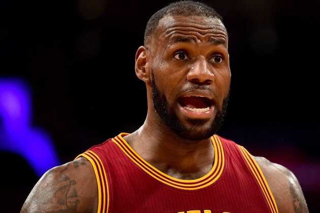 LOS ANGELES, CA - MARCH 19:  LeBron James #23 of the Cleveland Cavaliers reacts during a 125-120 win over the Los Angeles Lakers at Staples Center on March 19, 2017 in Los Angeles, California.  NOTE TO USER: User expressly acknowledges and agrees that, by downloading and or using this photograph, User is consenting to the terms and conditions of the Getty Images License Agreement.  (Photo by Harry How/Getty Images)