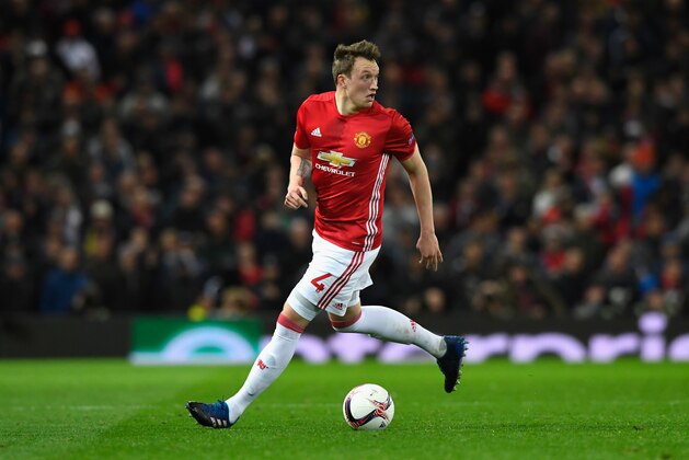 MANCHESTER, ENGLAND - MARCH 16:  United player Phil Jones in action during the UEFA Europa  League Round of 16 second leg match between Manchester United and FK Rostov at Old Trafford on March 16, 2017 in Manchester, United Kingdom.  (Photo by Stu Forster/Getty Images)