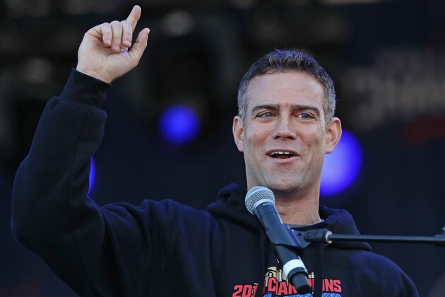 CHICAGO, IL - NOVEMBER 04:  President Theo Epstein of the Chicago Cubs speaks to the crowd during the Chicago Cubs victory celebration in Grant Park on November 4, 2016 in Chicago, Illinois. The Cubs won their first World Series championship in 108 years after defeating the Cleveland Indians 8-7 in Game 7. (Photo by Jonathan Daniel/Getty Images)