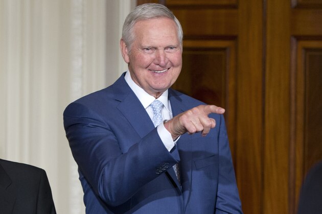 FILE - In this Feb. 4, 2016, file photo, Golden State Warriors basketball team Executive Board member Jerry West gestures during a ceremony in the East Room of the White House, in Washington, where President Barack Obama honored the 2015 NBA Champion Golden State Warriors basketball team.  The Warriors say West is doing well after a brief hospital visit following a fall. The 78-year-old West, in attendance during the Warriors' recent long homestand this month, fell on Tuesday, Jan. 24, 2017. (AP Photo/Carolyn Kaster, File)