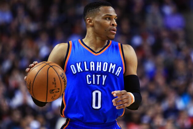TORONTO, ON - MARCH 16:  Russell Westbrook #0 of the Oklahoma City Thunder dribbles the ball during the first half of an NBA game against the Toronto Raptors at Air Canada Centre on March 16, 2017 in Toronto, Canada.  NOTE TO USER: User expressly acknowledges and agrees that, by downloading and or using this photograph, User is consenting to the terms and conditions of the Getty Images License Agreement.  (Photo by Vaughn Ridley/Getty Images)