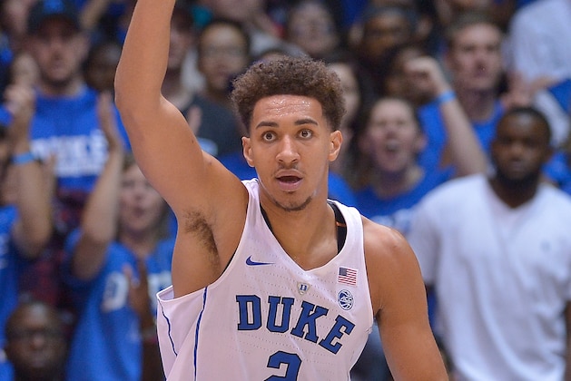 DURHAM, NC - NOVEMBER 23:  Chase Jeter #2 of the Duke Blue Devils reacts during the game against the William & Mary Tribe at Cameron Indoor Stadium on November 23, 2016 in Durham, North Carolina.  (Photo by Grant Halverson/Getty Images)