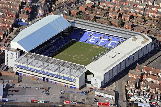 LIVERPOOL, ENGLAND - FEBRUARY 20: Terraced housing surrounds Everton Football Club's Goodison Park Ground in this aerial photo taken on February 20, 2006 above Liverpool, England.  (Photo by David Goddard/Getty Images)