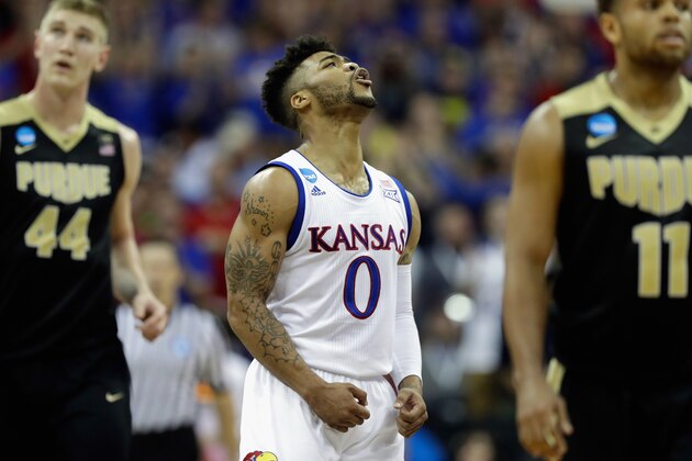 KANSAS CITY, MO - MARCH 23:  Frank Mason III #0 of the Kansas Jayhawks reacts in the first half against the Purdue Boilermakers during the 2017 NCAA Men's Basketball Tournament Midwest Regional at Sprint Center on March 23, 2017 in Kansas City, Missouri.  (Photo by Jamie Squire/Getty Images)