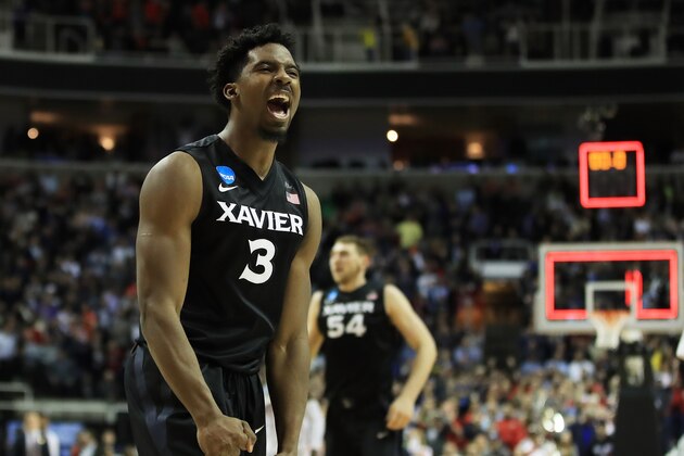 SAN JOSE, CA - MARCH 23:  Quentin Goodin #3 of the Xavier Musketeers celebvrates their 73 to 71 win over the Arizona Wildcats during the 2017 NCAA Men's Basketball Tournament West Regional at SAP Center on March 23, 2017 in San Jose, California.  (Photo by Ezra Shaw/Getty Images)