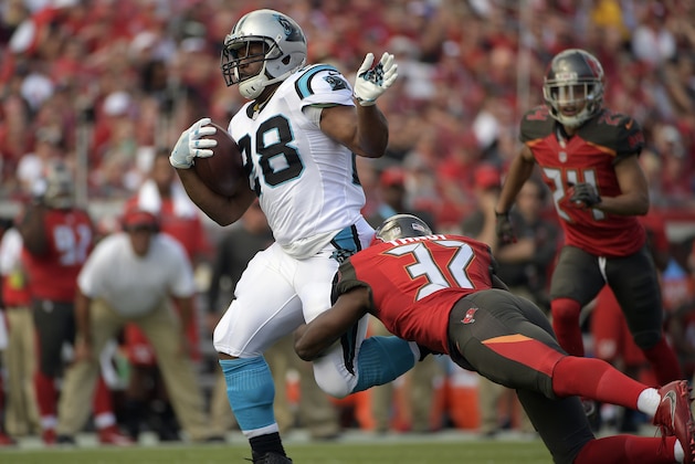 Carolina Panthers running back Jonathan Stewart (28) is hit by Tampa Bay Buccaneers strong safety Keith Tandy (37) during the first quarter of an NFL football game Sunday, Jan. 1, 2017, in Tampa, Fla. (AP Photo/Phelan Ebenhack)