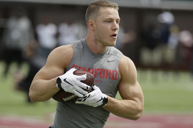 Stanford running back Christian McCaffrey during NFL football pro day Thursday, March 23, 2017, in Stanford, Calif. (AP Photo/Eric Risberg)