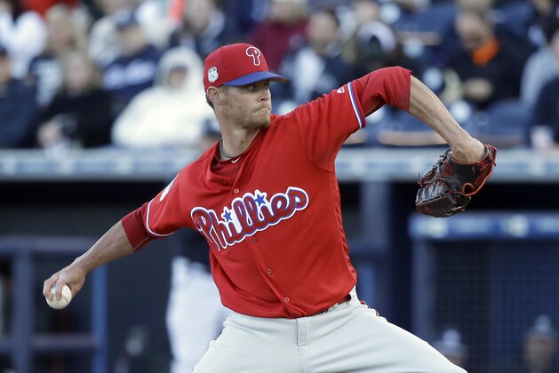 Philadelphia Phillies' Clay Buchholz pitches against the New York Yankees in the first inning of a spring training baseball game, Wednesday, March 15, 2017, in Tampa, Fla. (AP Photo/John Raoux)