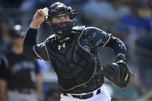 SAN DIEGO, CA - SEPTEMBER 11: Derek Norris #3 of the San Diego Padres makes a throw to first base during the game against the Colorado Rockies at PETCO Park on September 11, 2016 in San Diego, California. (Photo by Andy Hayt/San Diego Padres/Getty Images)
