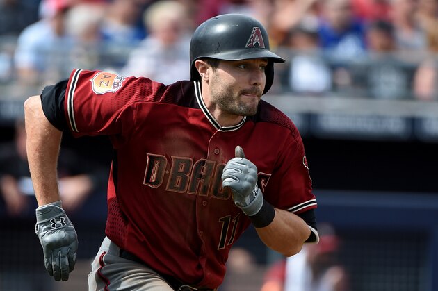 PEORIA, AZ - MARCH 04:  A.J. Pollock #11 of the Arizona Diamondbacks runs to first base in a spring training game against the San Diego Padres at Peoria Stadium on March 4, 2017 in Peoria, Arizona.  (Photo by Lisa Blumenfeld/Getty Images)