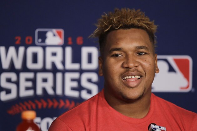 Cleveland Indians' Jose Ramirez talks before Game 2 of the Major League Baseball World Series against the Chicago Cubs Wednesday, Oct. 26, 2016, in Cleveland. (AP Photo/Gene J. Puskar)