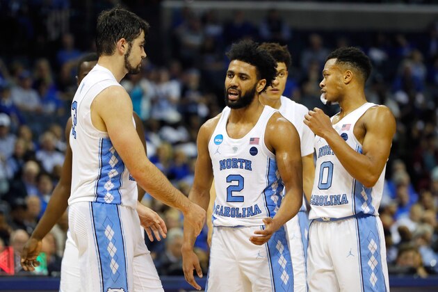 MEMPHIS, TN - MARCH 24: Joel Berry II #2 of the North Carolina Tar Heels celebrates with teammates late in the game against the Butler Bulldogs during the 2017 NCAA Men's Basketball Tournament South Regional at FedExForum on March 24, 2017 in Memphis, Tennessee.  (Photo by Kevin C. Cox/Getty Images)