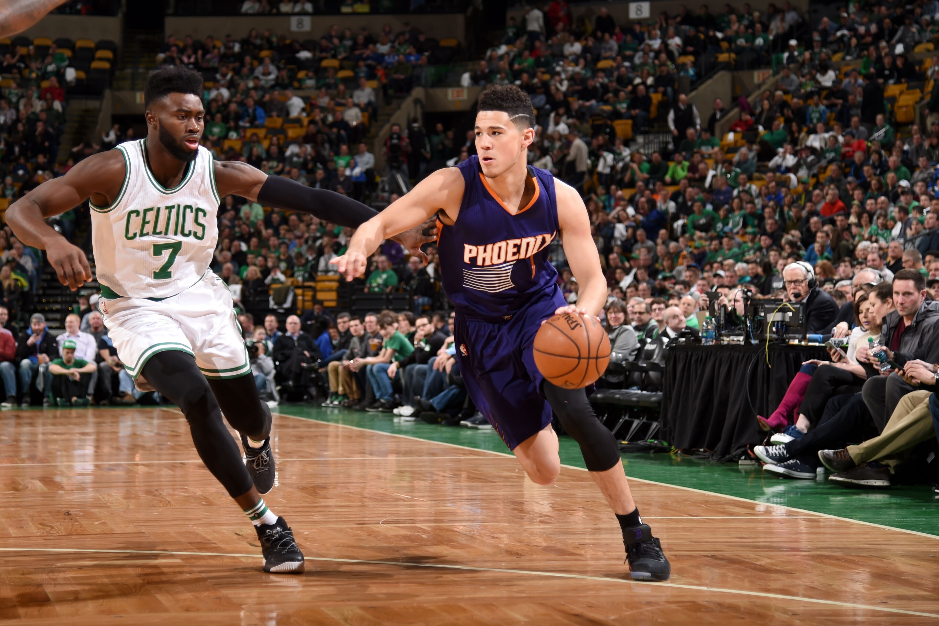 BOSTON, MA - MARCH 24: Devin Booker #1 of the Phoenix Suns goes to the basket against the Boston Celtics on March 24, 2017 at the TD Garden in Boston, Massachusetts. NOTE TO USER: User expressly acknowledges and agrees that, by downloading and or using this photograph, User is consenting to the terms and conditions of the Getty Images License Agreement. Mandatory Copyright Notice: Copyright 2017 NBAE (Photo by Brian Babineau/NBAE via Getty Images) BOSTON, MA - MARCH 24: Devin Booker #1 of the Phoenix Suns goes to the basket against the Boston Celtics on March 24, 2017 at the TD Garden in Boston, Massachusetts. NOTE TO USER: User expressly acknowledges and agrees that, by downloading and or using this photograph, User is consenting to the terms and conditions of the Getty Images License Agreement. Mandatory Copyright Notice: Copyright 2017 NBAE (Photo by Brian Babineau/NBAE via Getty Images)