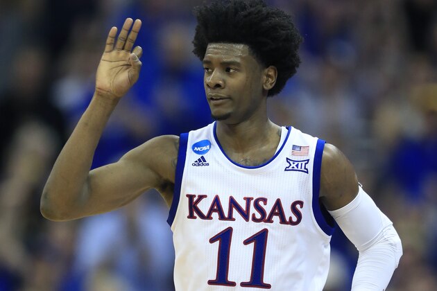 Kansas guard Josh Jackson celebrates after making a 3-point basket during the first half of a regional semifinal against Purdue in the NCAA men's college basketball tournament, Thursday, March 23, 2017, in Kansas City, Mo. (AP Photo/Orlin Wagner)