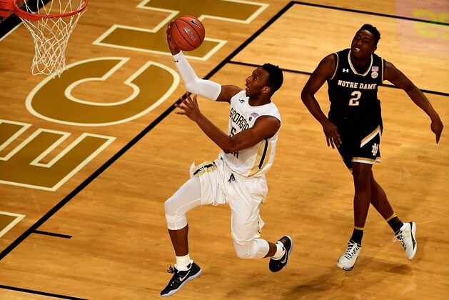 ATLANTA, GA - JANUARY 28:  Josh Okogie #5 of the Georgia Tech Yellow Jackets makes the game-winning layup against the Notre Dame Fighting Irish as time expires during the basketball game at Hank McCamish Pavilion on January 28, 2017 in Atlanta, Georgia.  (Photo by Mike Comer/Getty Images)