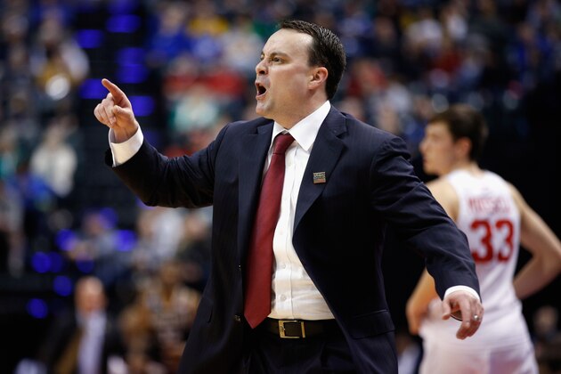 INDIANAPOLIS, IN - MARCH 17:  Head coach Archie Miller of the Dayton Flyers reacts in the first half against the Wichita State Shockers during the first round of the 2017 NCAA Men's Basketball Tournament at Bankers Life Fieldhouse on March 17, 2017 in Indianapolis, Indiana.  (Photo by Joe Robbins/Getty Images)