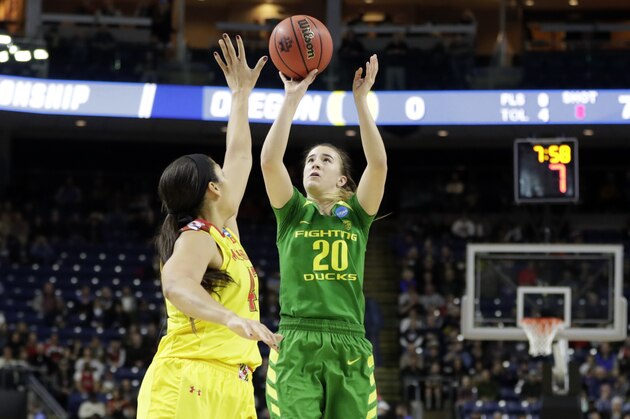 Mar 25, 2017; Bridgeport, CT, USA; Oregon Ducks guard Sabrina Ionescu (20) shoots against Maryland Terrapins center Brionna Jones (42) during the first half in the semifinals of the Bridgeport Regional of the women's 2017 NCAA Tournament at Webster Bank Arena. Mandatory Credit: David Butler II-USA TODAY Sports