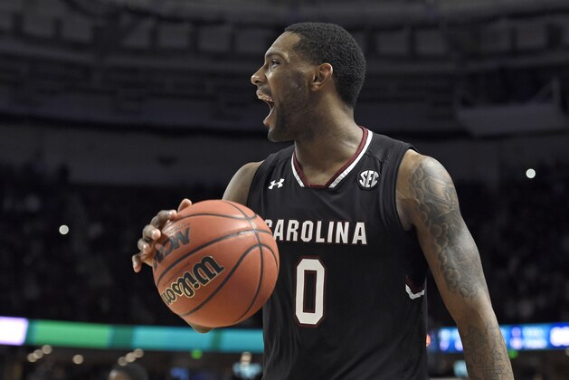FILE- In this Sunday, March 19, 2017, file photo, South Carolina's Sindarius Thornwell (0) celebrates after a second-round game against Duke in the NCAA college basketball tournament in Greenville, S.C. Thornwell says he's not a one man team, it just seems that way for South Carolina. Whenver the Gamecocks need a big run or late stop, the wiry, 6-foot-5 senior has been there. It's has taken South Carolina all the way to the way to the Sweet 16 so far. (AP Photo/Rainier Ehrhardt, File)