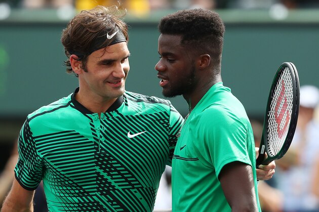 KEY BISCAYNE, FL - MARCH 25:  Roger Federer of Switzerland celebrates match point against Frances Tiafoe during day 6 of the Miami Open at Crandon Park Tennis Center on March 25, 2017 in Key Biscayne, Florida.  (Photo by Al Bello/Getty Images)