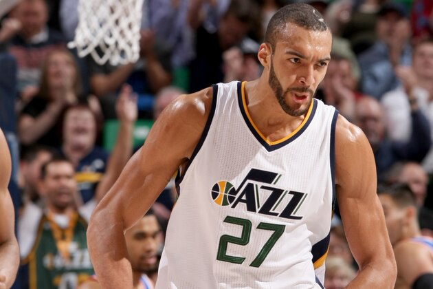 SALT LAKE CITY, UT - MARCH 22:  Rudy Gobert #27 of the Utah Jazz celebrates after scoring against the New York Knicks on March 22, 2017 at vivint.SmartHome Arena in Salt Lake City, Utah. NOTE TO USER: User expressly acknowledges and agrees that, by downloading and or using this Photograph, User is consenting to the terms and conditions of the Getty Images License Agreement. Mandatory Copyright Notice: Copyright 2017 NBAE (Photo by Melissa Majchrzak/NBAE via Getty Images)