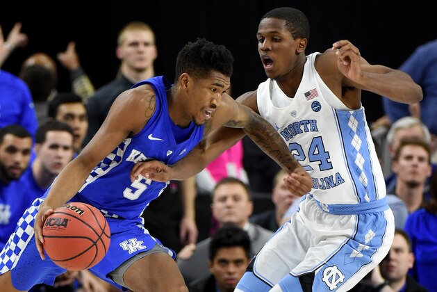 LAS VEGAS, NV - DECEMBER 17:  Malik Monk #5 of the Kentucky Wildcats drives against Kenny Williams #24 of the North Carolina Tar Heels during the CBS Sports Classic at T-Mobile Arena on December 17, 2016 in Las Vegas, Nevada. Kentucky won 103-100.  (Photo by Ethan Miller/Getty Images)