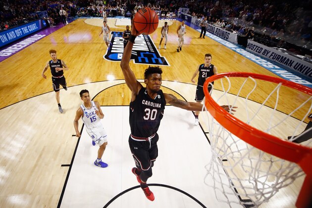 GREENVILLE, SC - MARCH 19:  Chris Silva #30 of the South Carolina Gamecocks dunks the ball in the second half against the Duke Blue Devils during the second round of the 2017 NCAA Men's Basketball Tournament at Bon Secours Wellness Arena on March 19, 2017 in Greenville, South Carolina.  (Photo by Gregory Shamus/Getty Images)