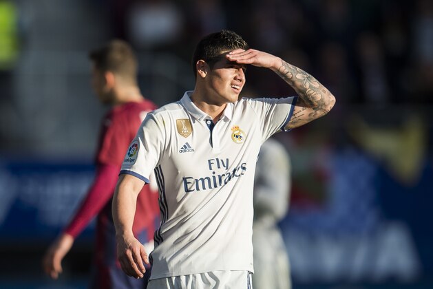EIBAR, SPAIN - MARCH 04:  James Rodriguez of Real Madrid reacts during the La Liga match between SD Eibar and Real Madrid at Ipurua Municipal Stadium on March 4, 2017 in Eibar, Spain.  (Photo by Juan Manuel Serrano Arce/Getty Images)