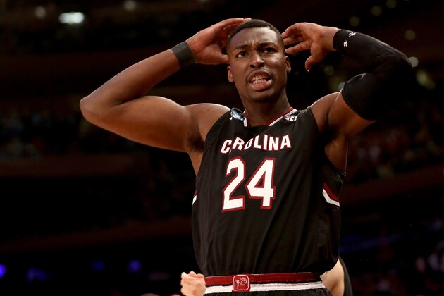 NEW YORK, NY - MARCH 24:  Sedee Keita #24 of the South Carolina Gamecocks reacts from the bench against the Baylor Bears in the first half during the 2017 NCAA Men's Basketball Tournament East Regional at Madison Square Garden on March 24, 2017 in New York City.  (Photo by Maddie Meyer/Getty Images)