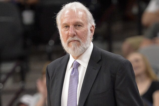 San Antonio Spurs coach Gregg Popovich watches play during the second half of the team's NBA basketball game against the Memphis Grizzlies, Thursday, March 23, 2017, in San Antonio. San Antonio won 97-90. (AP Photo/Darren Abate)