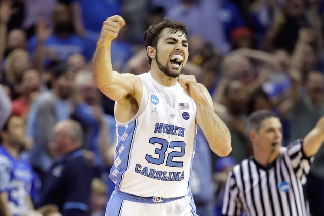 MEMPHIS, TN - MARCH 26:  Luke Maye #32 of the North Carolina Tar Heels reacts after a basket late in teh second half against the Kentucky Wildcats during the 2017 NCAA Men's Basketball Tournament South Regional at FedExForum on March 26, 2017 in Memphis, Tennessee.  (Photo by Andy Lyons/Getty Images)