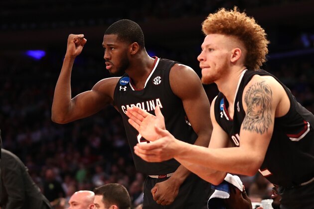 NEW YORK, NY - MARCH 24:  Justin McKie #20 and Hassani Gravett #2 of the South Carolina Gamecocks react from the bench against the Baylor Bears during the 2017 NCAA Men's Basketball Tournament East Regional at Madison Square Garden on March 24, 2017 in New York City.  (Photo by Maddie Meyer/Getty Images)